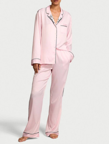 Піжама сатинова сорочка та штани рожева Satin Long Pajama Set