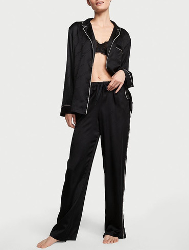 Піжама сатинова сорочка та штани чорна Satin Long Pajama Set