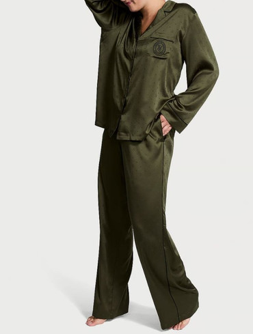 Піжама сатинова сорочка та штани оливкова Satin Long Pajama Set