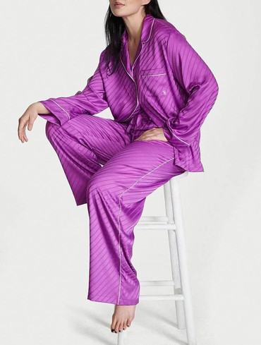 Піжама сатинова сорочка та штани фіолетова Satin Long Pajama Set