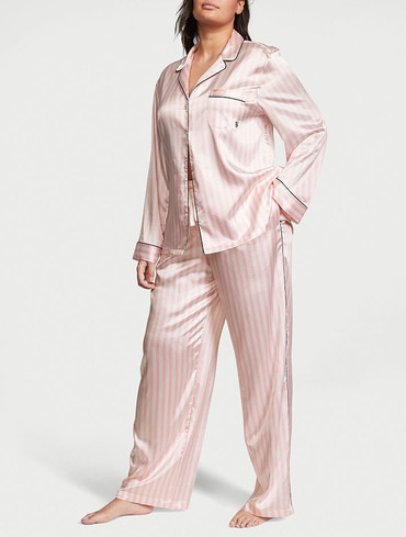 Сатинова піжама штани та сорочка у рожеву смужку Satin Long Pajama Set