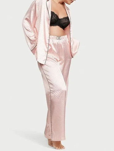 Піжама сатинова сорочка та штани ніжно-рожева Satin Long Pajama Set