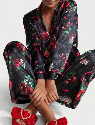 Піжама сатинова сорочка та штани (Брак) чорна  Satin Long Pajama Set