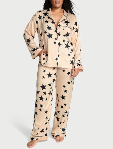 Піжама сатинова сорочка та штани бежева Satin Long Pajama Set