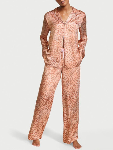 Піжама сатинова сорочка та штани леопардова Satin Long Pajama Set