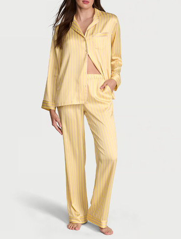 Піжама сатинова сорочка та штани жовта Satin Long Pajama Set
