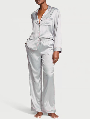 Піжама сатинова зі стразами сорочка та штани сіра Satin Long Pajama Set