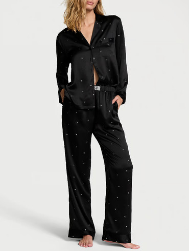 Піжама сатинова зі стразами сорочка та штани чорна Satin Long Pajama Set