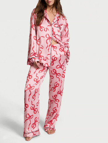 Піжама сатинова сорочка та штани рожева Satin Long Pajama Set