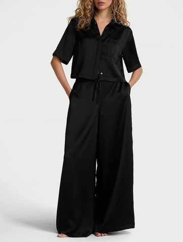Піжама сатинова сорочка та штани чорна Luxe Satin Boxy Cropped Long Pajama Set