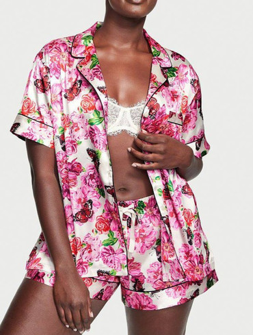 Сатинова піжама з шортами ( Брак ) біла в квіти Glazed Satin Short Pajama Set