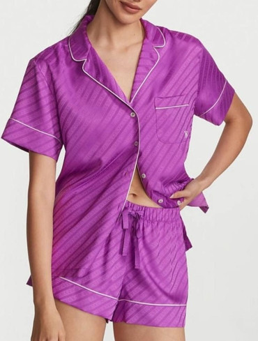 Сатинова піжама з шортами фіолетова Glazed Satin Short Pajama Set