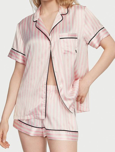 Сатинова піжама з шортами у рожеву смужку Glazed Satin Short Pajama Set