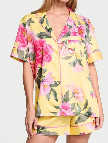 Сатинова піжама з шортами жовта квіти Glazed Satin Short Pajama Set