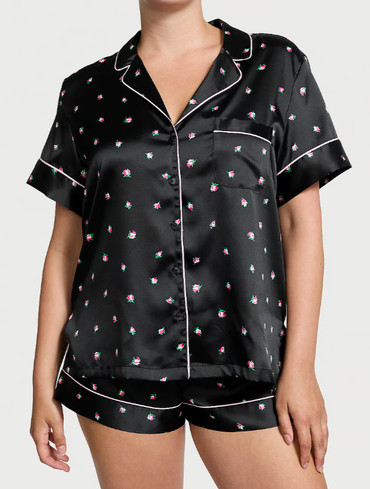 Сатинова піжама з шортами чорна Glazed Satin Short Pajama Set