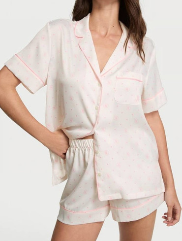 Сатинова піжама з шортами біла Glazed Satin Short Pajama Set