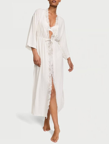 Халат модаловий довгий з мереживом білий Modal & Lace Trim High-Slit Maxi Robe