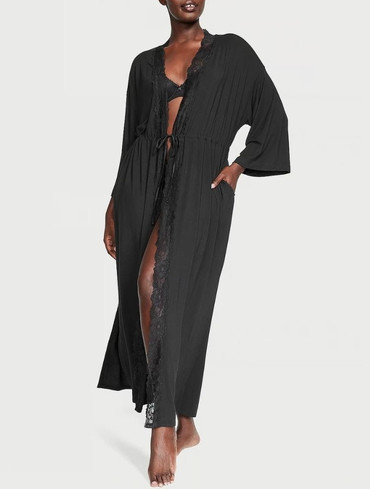Халат модаловий довгий з мереживом чорний Modal & Lace Trim High-Slit Maxi Robe