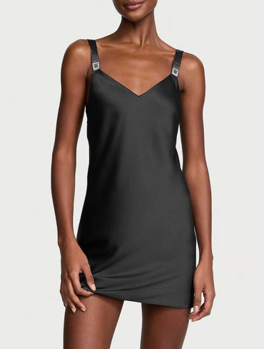 Пеньюар-сукня для сну зі стразами чорна Scattered Shine Strap Satin Strappy - Back Slip