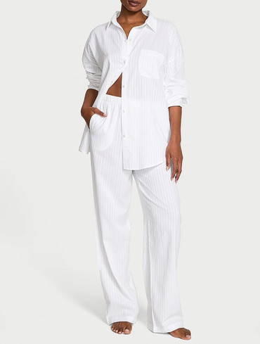 Піжама модал-бавовна сорочка та штани біла Modal-Cotton Striped Long Pajama Set