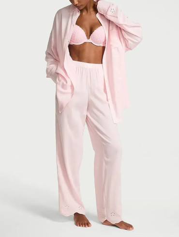 Піжама модал-бавовна сорочка та штани рожева Modal-Cotton Eyelet Long Pajama Set