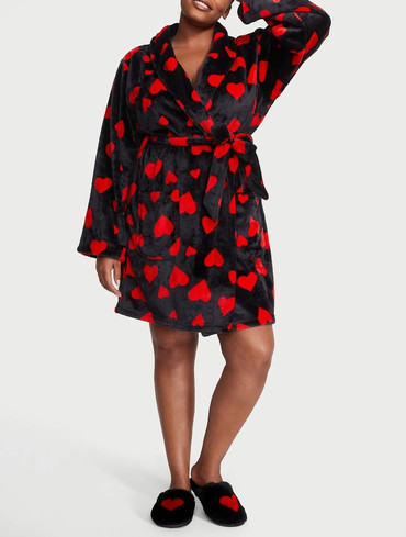 Халат плюшевий короткий чорний в сердечко Short Cozy Robe