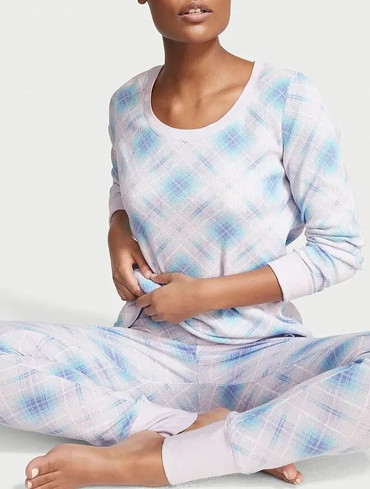 Термопіжама лонгслів та лосіни блакитна клітинка Thermal Long Pajama Set