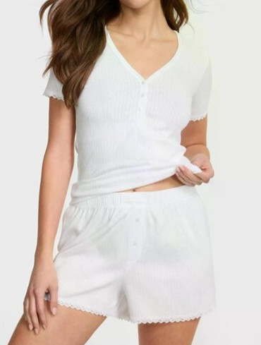 Піжама модал-бавовна з шортами біла Pointelle Modal Henley Tee & Boxer Short Set