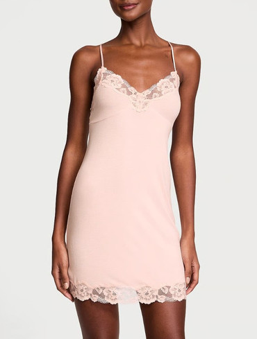 Пеньюар сорочка для сну модалова рожева Ribbed Modal & Lace Cross-Back Slip Dress