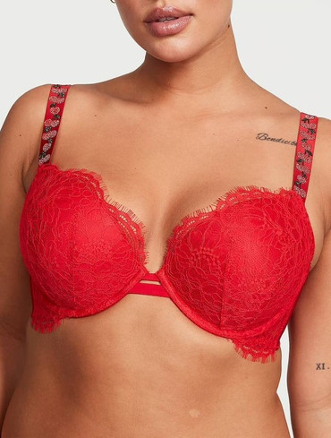 Бюстгальтер мереживний зі стразами з пуш-ап червоний Shine Strap Lace Push-Up
