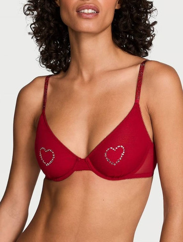 Бюстгалтер сіточкою зі стразами бордовий Sheer Shine Motif Unlined Low-Cut Demi Bra