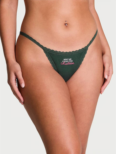 Трусики стрінги бавовняні зелені Lace-Trim Cotton V-String Panty