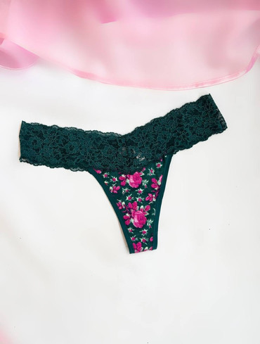 Трусики стрінги бавовняні мереживні зелені Lace-Waist Cotton Thong Panty