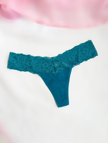 Трусики стрінги бавовняні мереживні сині Lace-Waist Cotton Thong Panty