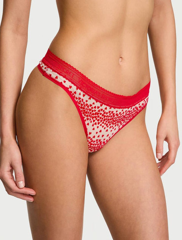 Трусики стрінги з логорезинкою сіточка червоні Logo Flocked Hearts Thong Panty