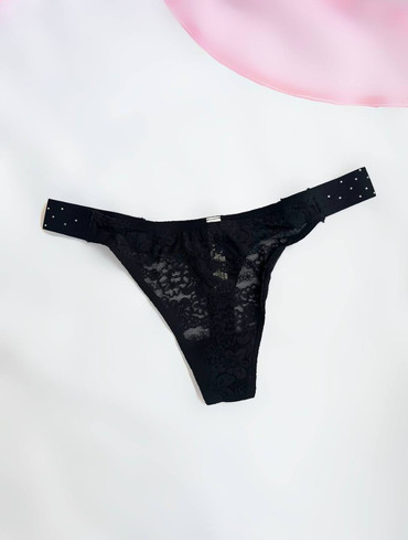 Трусики стрінги мереживні з логорезинкою чорні Logo Lace High-Leg Thong Panty