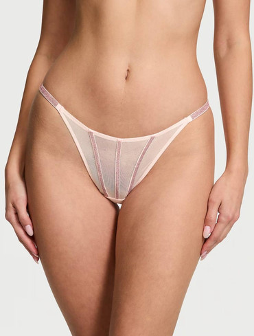 Трусики стрінги зі стразами в сіточку рожеві пудра Sheer Shine Thong Panty