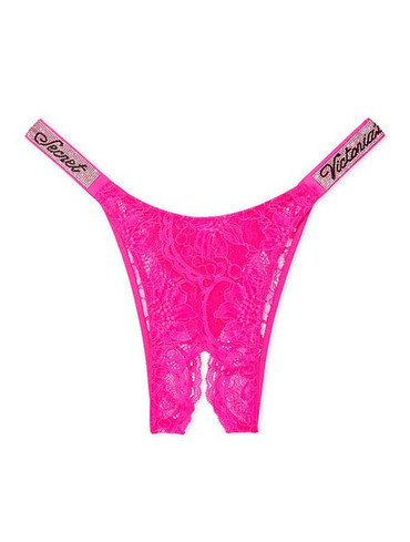 Трусики з відкритим доступом мереживні зі стразами рожеві Shine Strap Lace Crotchless Brazilian Panty