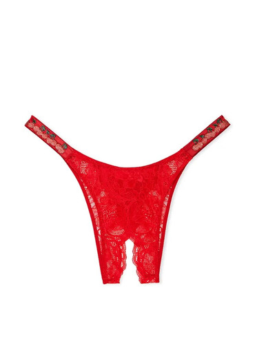 Трусики з відкритим доступом мереживні зі стразами червоні Shine Strap Lace Crotchless Brazilian Panty