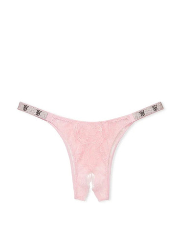 Трусики з відкритим доступом мереживні зі стразами рожеві Shine Strap Lace Crotchless Brazilian Panty