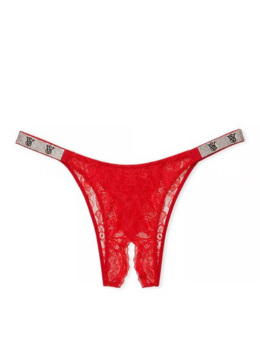 Трусики з відкритим доступом мереживні зі стразами червоні Secret Shine Strap Lace Crotchless Brazilian Panty