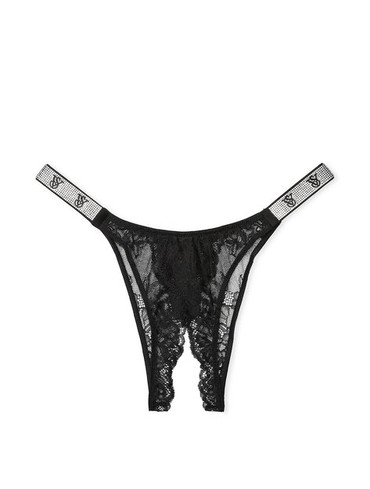 Трусики з відкритим доступом мереживні зі стразами чорні Shine Strap Lace Crotchless Brazilian Panty