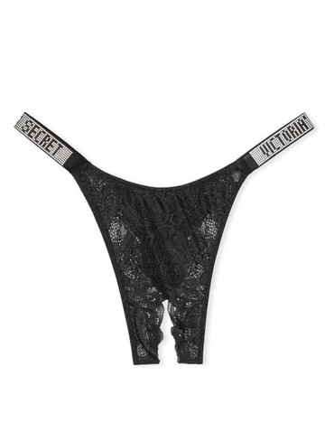 Трусики з відкритим доступом мереживні зі стразами чорні Shine Strap Lace Crotchless Brazilian Panty
