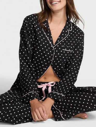 Піжама фланелева сорочка та штани чорна горох Flannel Long Pajama Set