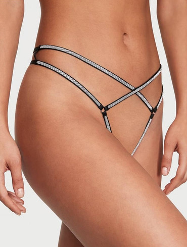 Трусики стрінги зі стразами відкритий доступ чорні Crotchless Shine Strappy Thong Panty Black
