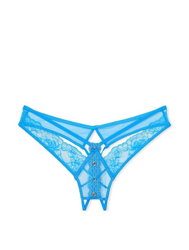 Трусики стрінги з відкритим доступом блакитні Lace Crotchless Thong Panty