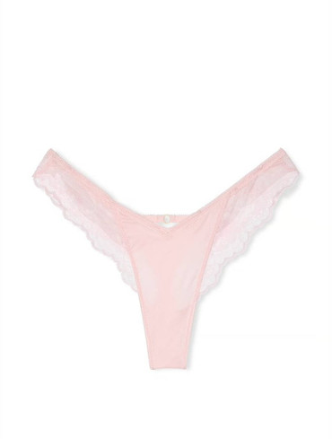 Трусики стрінги люкс сатин з мереживом рожеві пудра Lace-Trim High-Leg Thong Panty