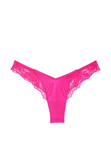 Трусики стрінги сатин з мереживом фуксія Lace-Trim High-Leg Thong Panty