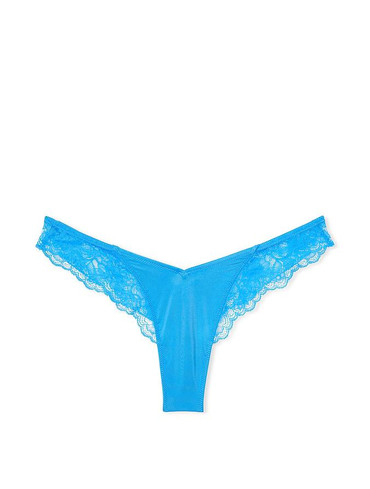Трусики стрінги сатин з мереживом сині Lace-Trim High-Leg Thong Panty
