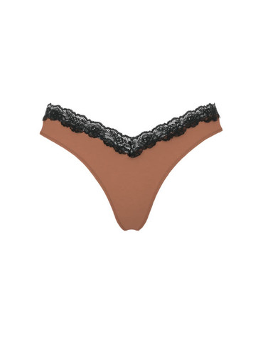 Трусики стрінги люкс сатин з мереживом коричневі Lace-Trim High-Leg Thong Panty